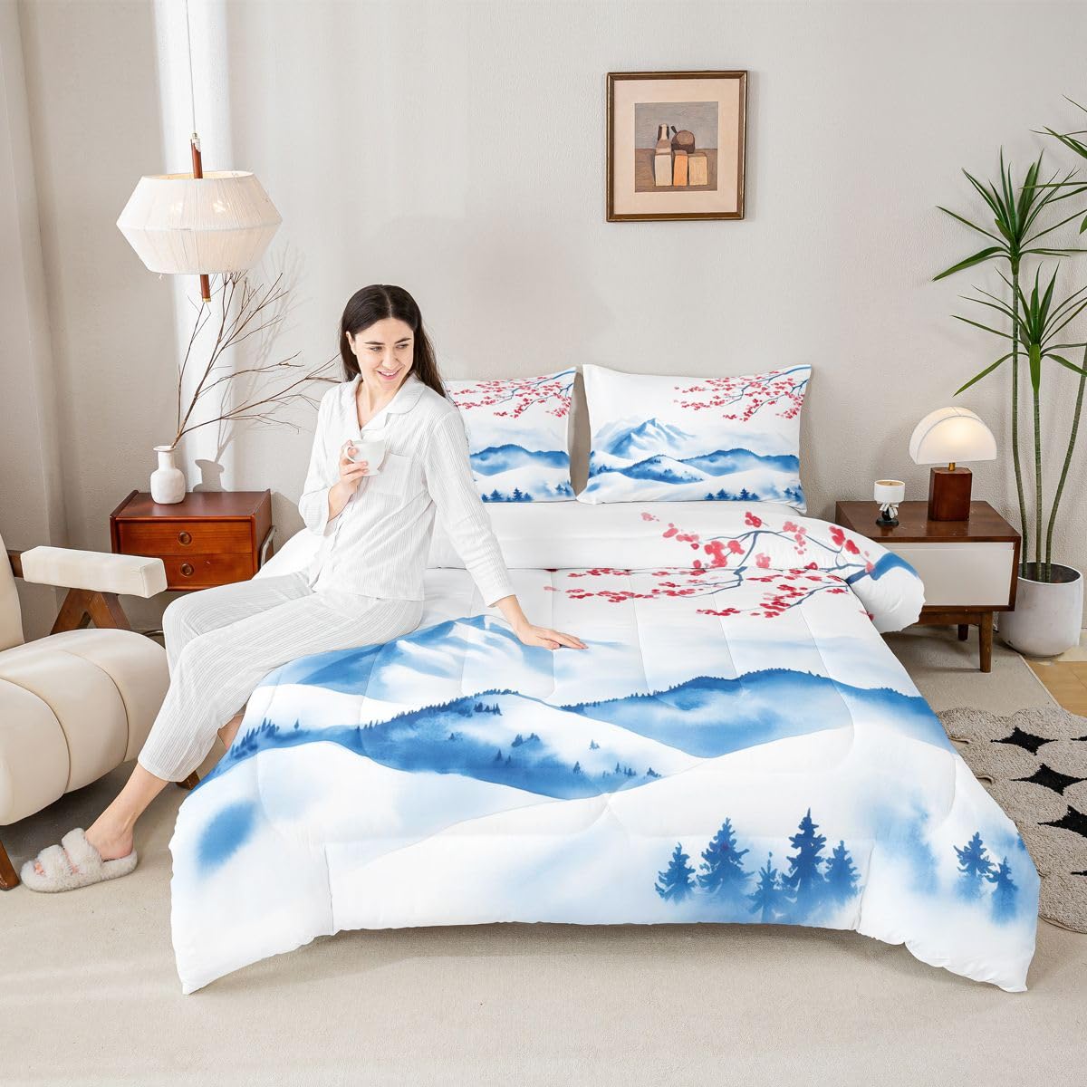jejeloiu Japanese Wave Bedding Set Soft for Boys Girls, Cherry Blossom Comforter Set Queen Size Mountain Duvet Quilt Microfiber Japanese Style Bedroom Decor 3 Pcs with 2 Pillow Cases
