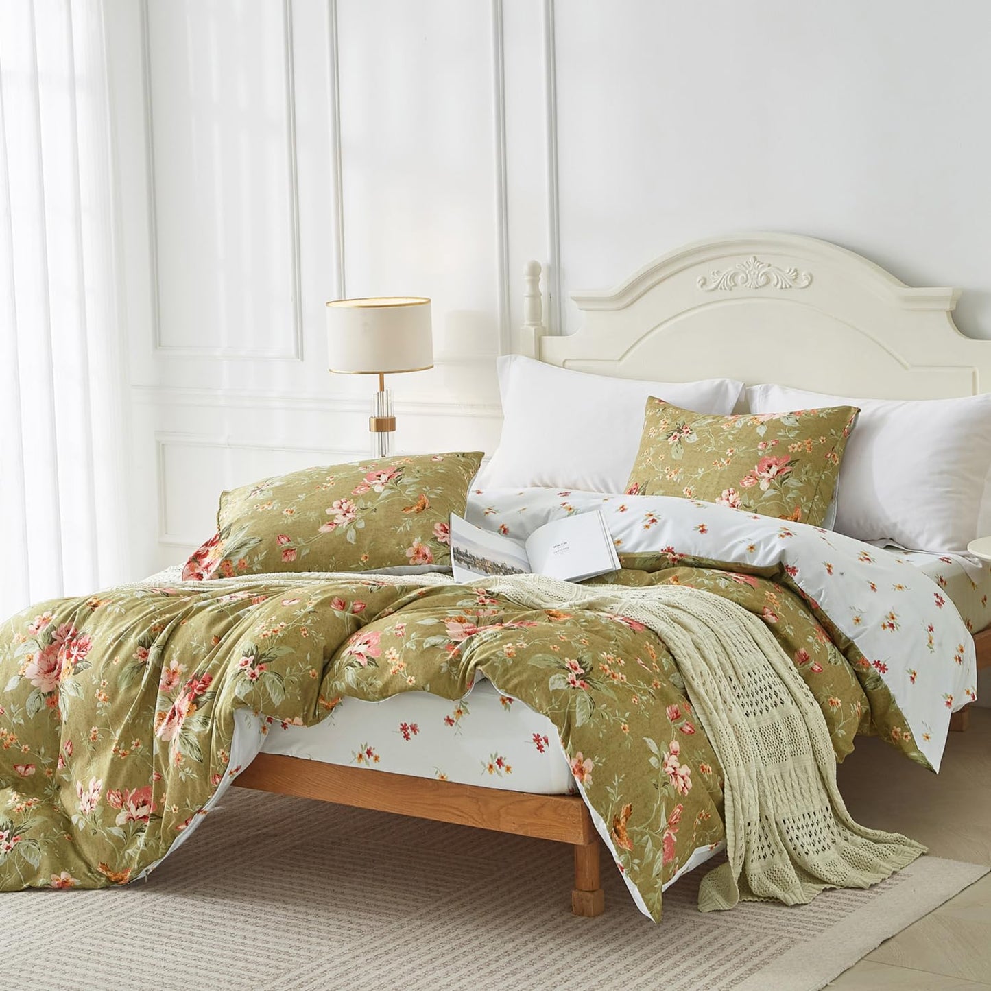 mixinni Duvet Cover King Size, Long Staple Cotton Reversible Green Floral Duvet Cover Set with Zipper Ties, 3 Pieces Botanical Pink Flowers and Green Branches Patterns Bedding Set