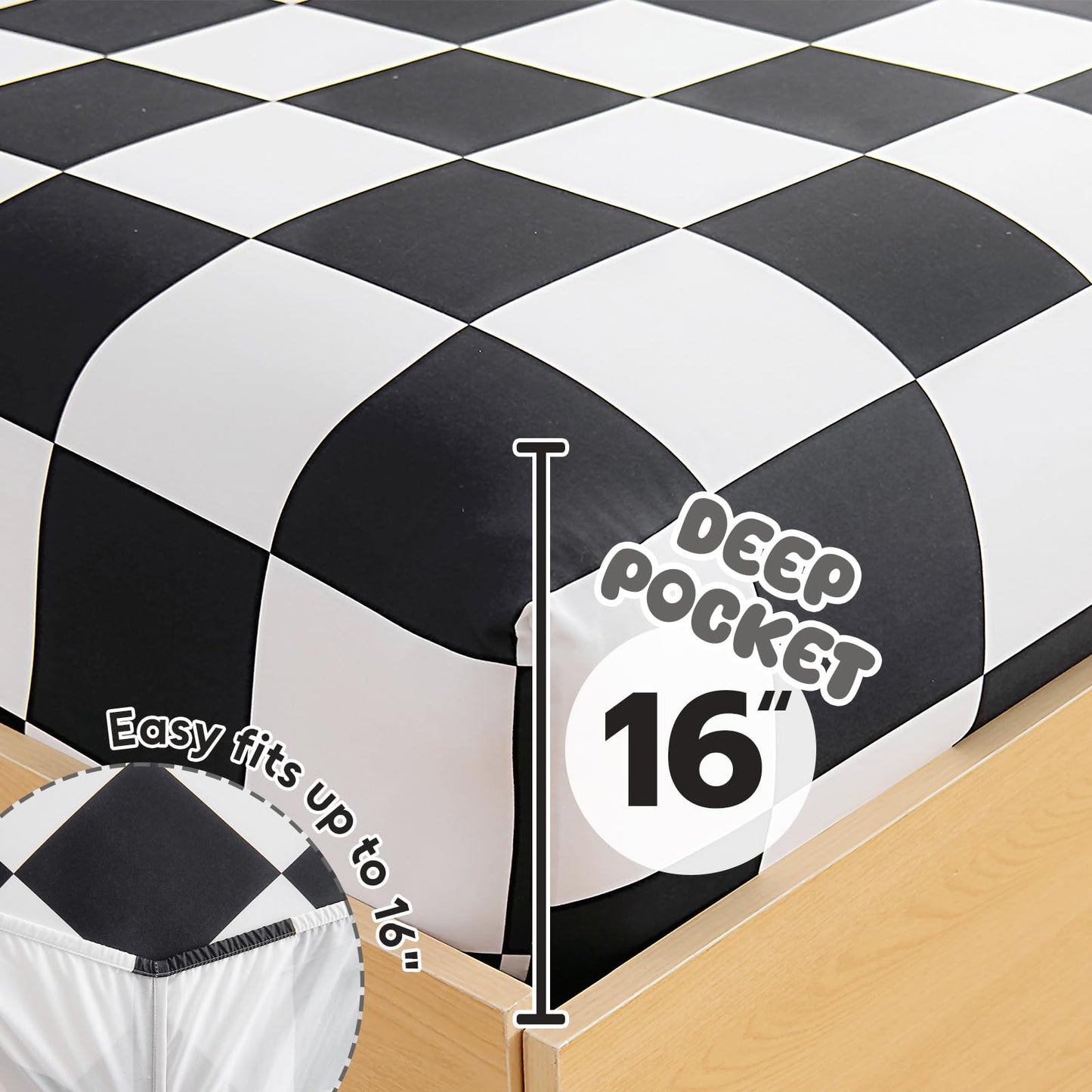 Homilay Full Sheet Set Kids - Black&White Plaid 4 Pieces Soft Microfiber Cartoon Style Bedsheets for Boys Girls Teens, Oeko TEX Breathable 15 Inch Deep Pocket Sheets(Chequered Flag)