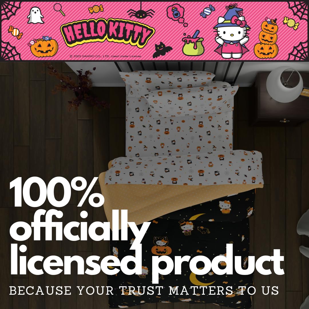 Sanrio Hello Kitty Halloween Pumpkin Twin Bed Set – Super Soft & Cozy 4 Piece Reversible Comforter and Sheet Set (Officially Licensed Product) by Franco