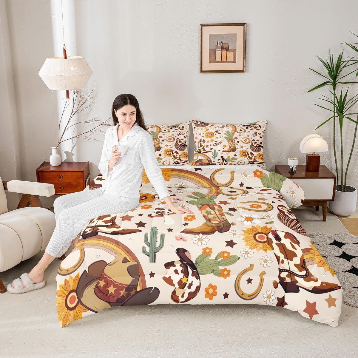 Feelyou Western Bedding Set Soft for Boys Girls, Cowgirl Floral Comforter Set Full Size Western Cowboy Boots Duvet Quilt Wild West Cactus Flower Bedroom Decor Light Beige 3 Pcs with 2 Pillow Cases