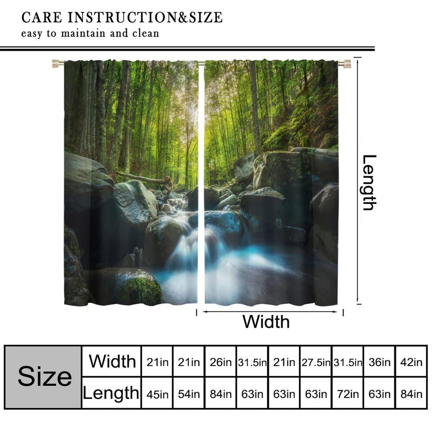 AuiMzoo Waterfall Forest Blackout Curtains Woodland Stream Forest Natural Scenery Bedroom, Living Room, Kitchen, Office Window Treatments42X45 Inch