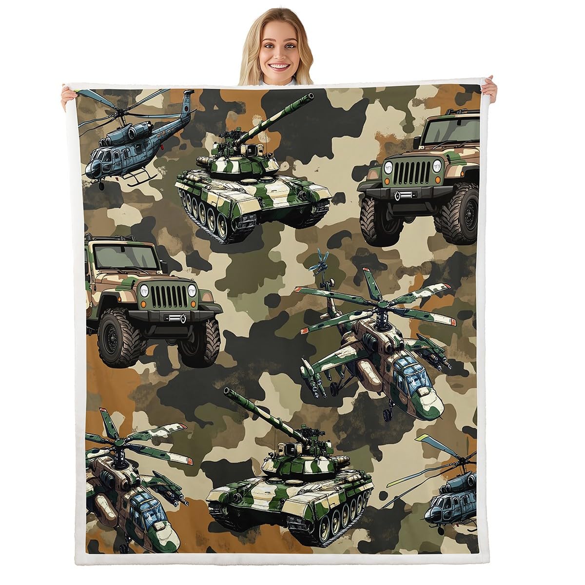 War Theme Kids Throw Blanket,Warplane Aircraft Helicopters Army Tanks Bed Blanket for Boys Men,Retro Green Camouflage Fleece Blanket,Camo Green Fuzzy Blanket,Throw Size (50 x 60 Inches)