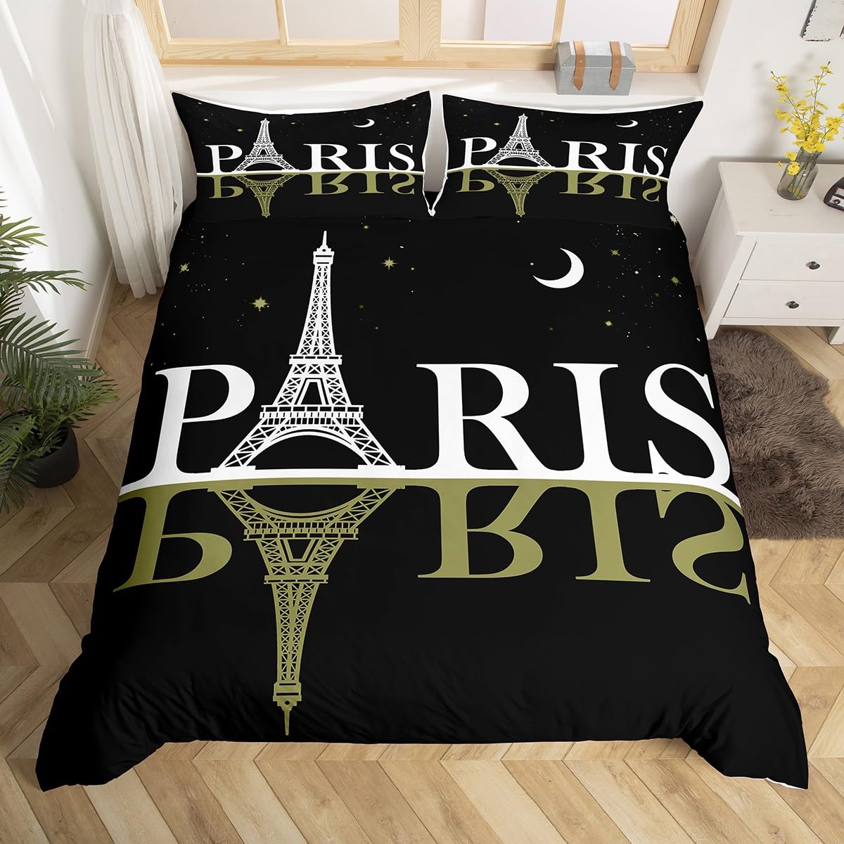 Feelyou Eiffel Tower Bedding Set Chic Paris Theme Duvet Cover for Kids Children Teens Paris Cityscape Print Comforter Cover Modern French Style Bedspread Cover Star Moon Bedroom Decor 3Pcs Queen Size