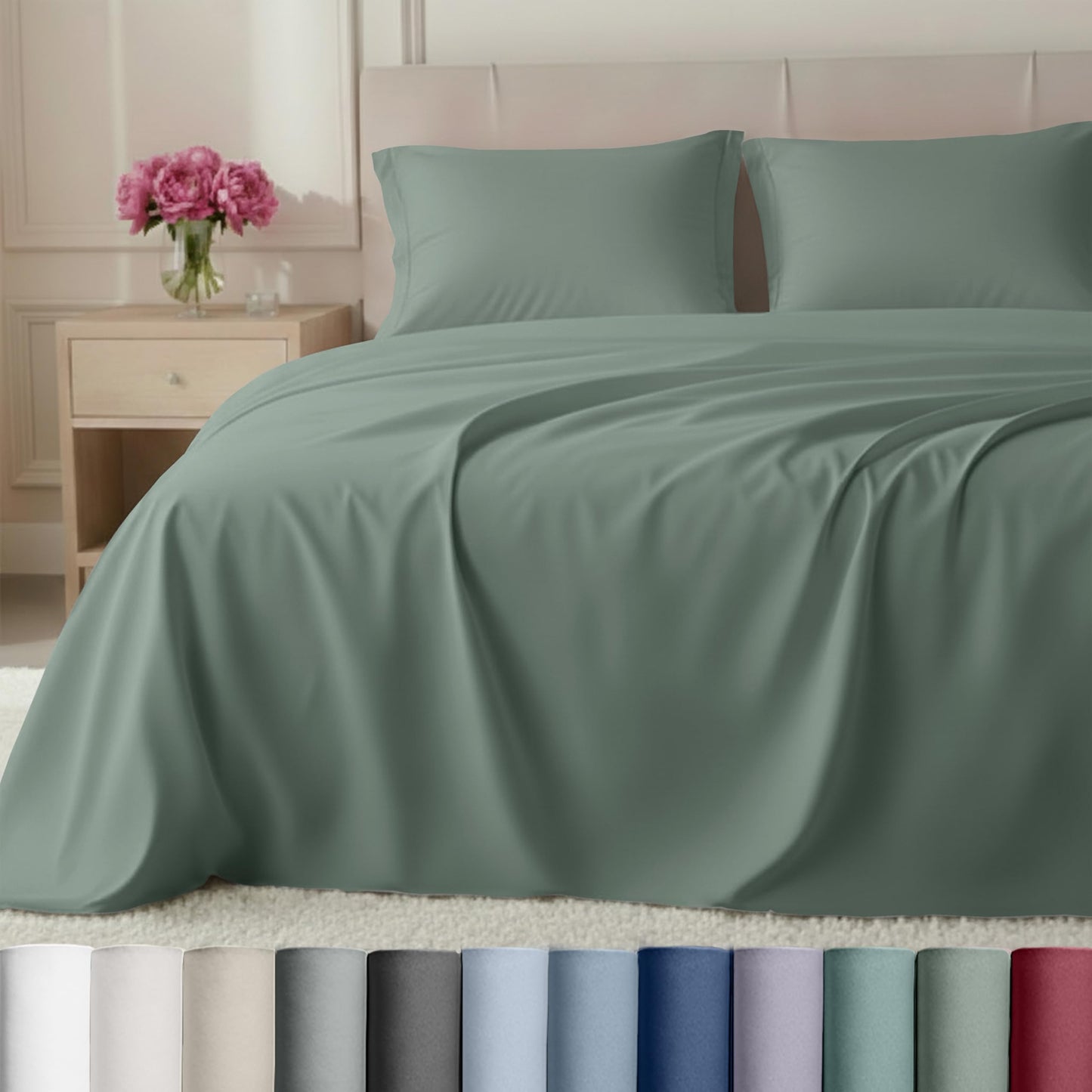 California Design Den King Size Sheet Set - Luxury Hotel 800 Thread Count Sateen, Natural 100% Cotton Bedsheets King Size Bed, Deep Pockets with Snug Fit, Durable Bedding Set - Sage Green