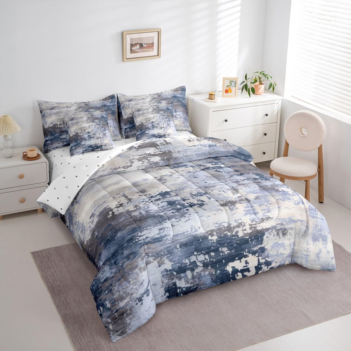 Erosebridal Watercolor Comforter Set 7 Pcs,Modern Abstract Bedding Set for Girls Boys Kids Teens,Navy Blue Tie Dye Ombre Bed in A Bag,Contemporary Grunge Aesthetic Sheet Set (Navy Blue Grey,King)