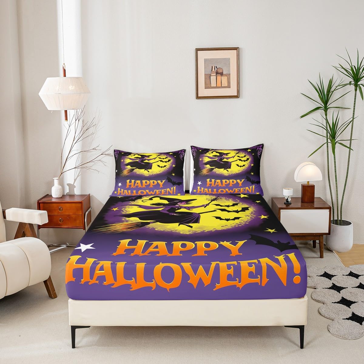 Feelyou Happy Halloween Fitted Sheet Full Size for Kids Boys Girls Magic Broom Bed Sheets Set 16" Deep Pocket Soft Breathable Microfiber Witch Bedding with 2 Pillowcases Halloween Decor Room Decor