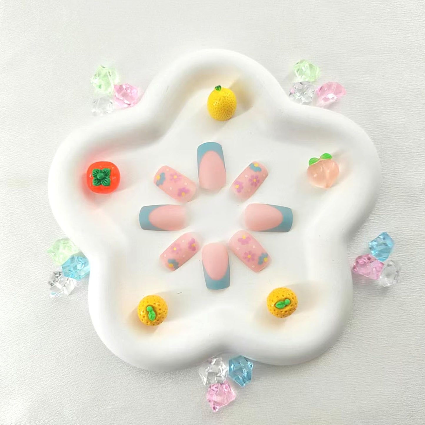 Medium Press on Nails Square French Tip Fake Nails with Flowers Design False Nails Pink Full Cover Acrylic Nails Press ons Matte Glue on Nails for Girls and Women 24Pcs