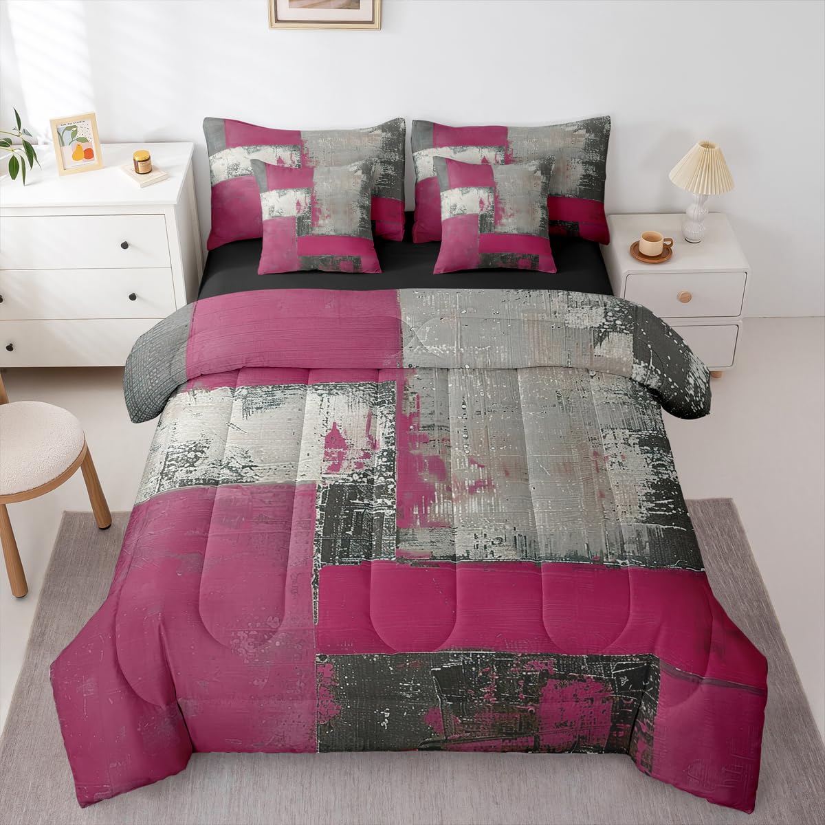 Feelyou Abstract Comforter Set with Sheets 7 Piece King Size Modern Abstract Art Bedding Set for Kids Boys Girls Luxury Bed in a Bag Geometric Room Decor Gray Rose Soft Lightweight Microfiber