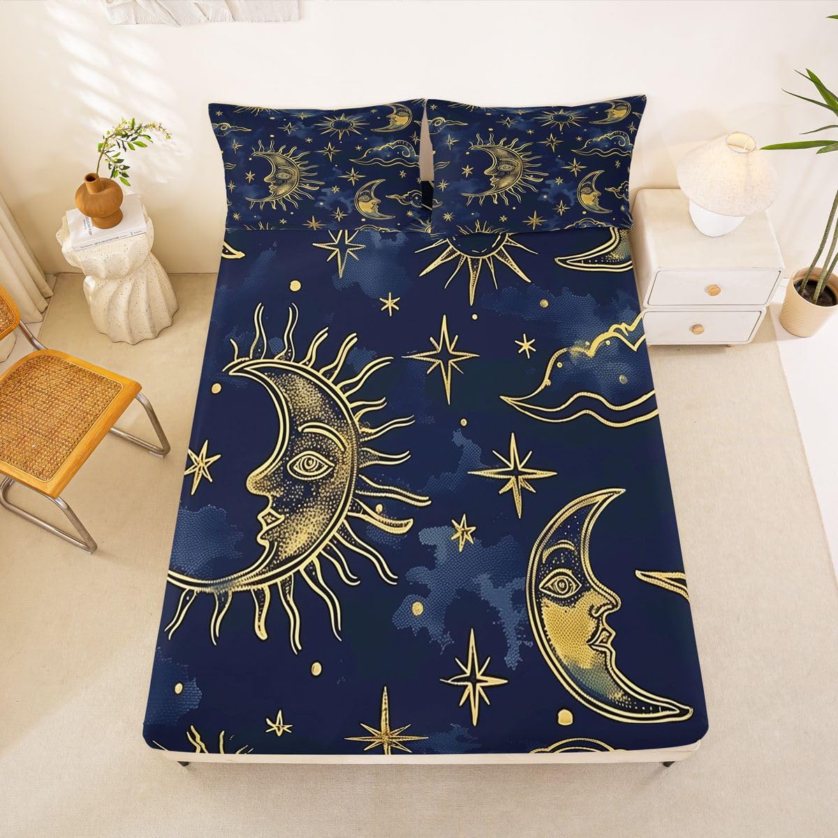 Erosebridal Moon Galaxy Bed Sheets Set Full Mystical Celestial Star Sky Sheet Set Bohemia Sun Moon Sheets Cosmic Cloud Flat Fitted Sheet