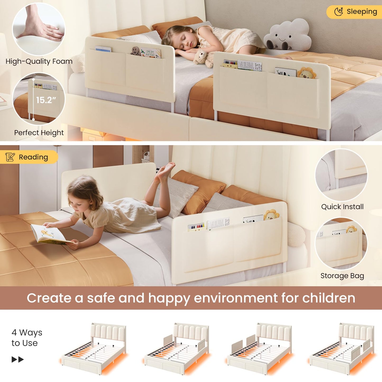 DICTAC Full Size LED Bed Frame with Storage Drawer and Safety Guardrails, Velvet Upholstered Platform Bed for Kids with Chic Wavy Storage Headboard, Charging Station, Heavy Duty Metal Support, Beige
