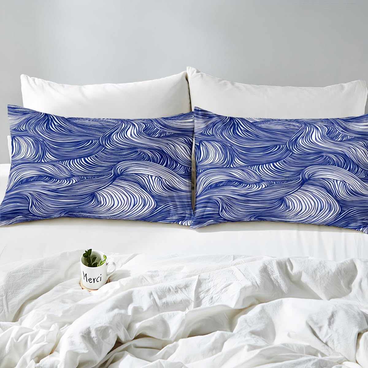 Feelyou Navy Blue Stripes Bed Sheets Set Geometric Sheet Set for Kids Boys Girls Teens Zebra Room Decor Abstract Art Sheets with Deep Pocket Fitted Sheet Queen Size Modern Striped Art Bedding Set 4Pcs