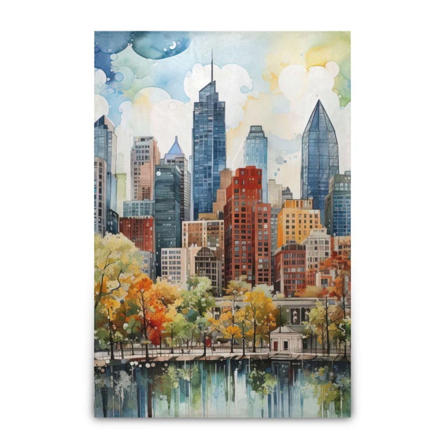 XYMZR City Skyline Watercolor Flannel Twin Blanket – 60” x 90”, Fashion Design, Ultra Soft, Lightweight, Washable Throw Blanket for Sofa, Bedroom, Dorm