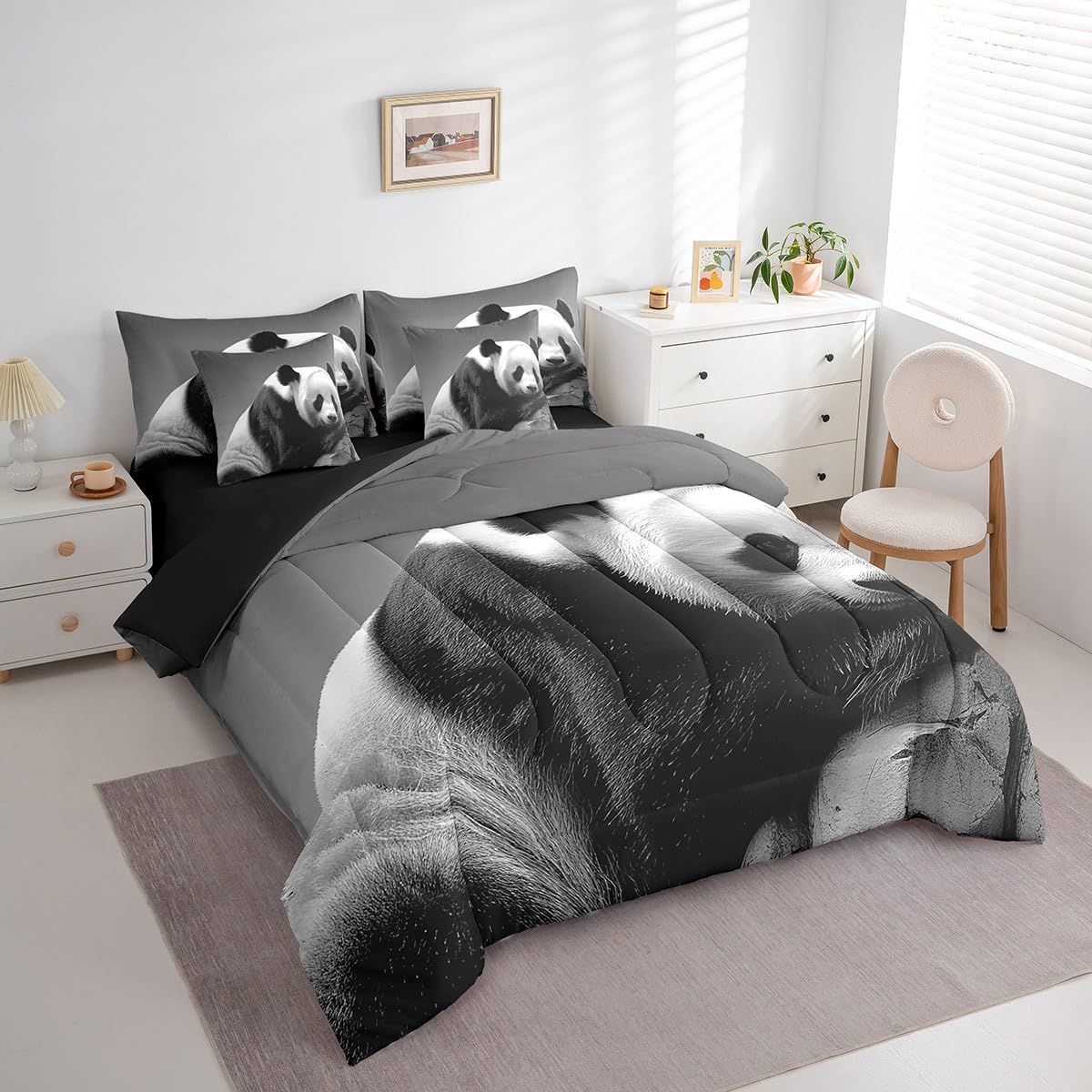 Feelyou Kids Cute Panda 7 PCS Comforter Set with Sheets King Size Boys Girls Panda Bed in a Bag Animal Bed in a Bag with Comforter, Sheets, Pillowcases & Cushion Cover