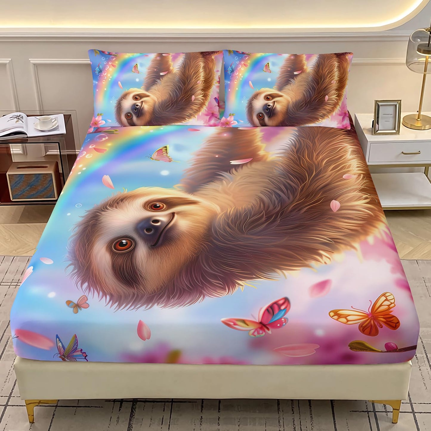 AILONEN Cute Sloth Bedding Set 3Pcs Rainbow Butterfly Pink Flower Fitted Sheet Set Queen Size, Kawaii Animal Theme Soft Microfiber Bed Sheet Set for Kids Girls,1 Fitted Sheet and 2 Pillowcases