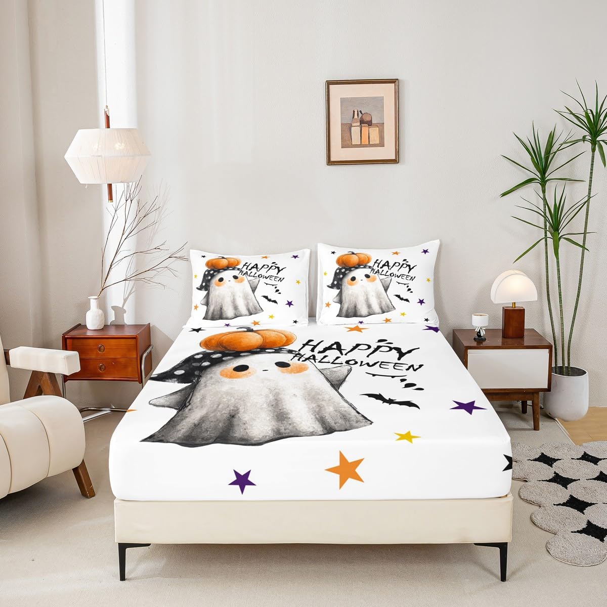 Feelyou Kids Halloween Bed Sheet Set Full Size, Cute Ghost Fitted Sheet Happy Halloween Bedding Set Boys Girls Horror Decor Teens Bedroom Decor Lightweight Bed Set (No Flat Sheet)