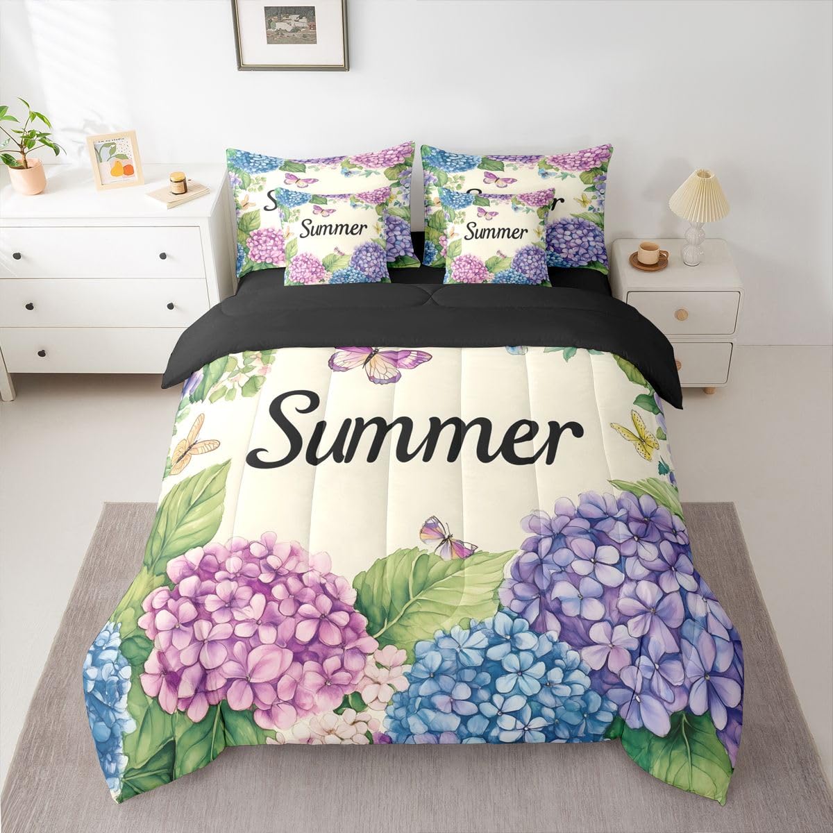 Erosebridal Watercolor Hydrange Queen Bedding Set Summer Purple Blue Floral Comforter Set Kids Girls Women Cute Butterfly 7-Piece Bed in a Bag Soft Pastel Botanical Art Quilt Sets