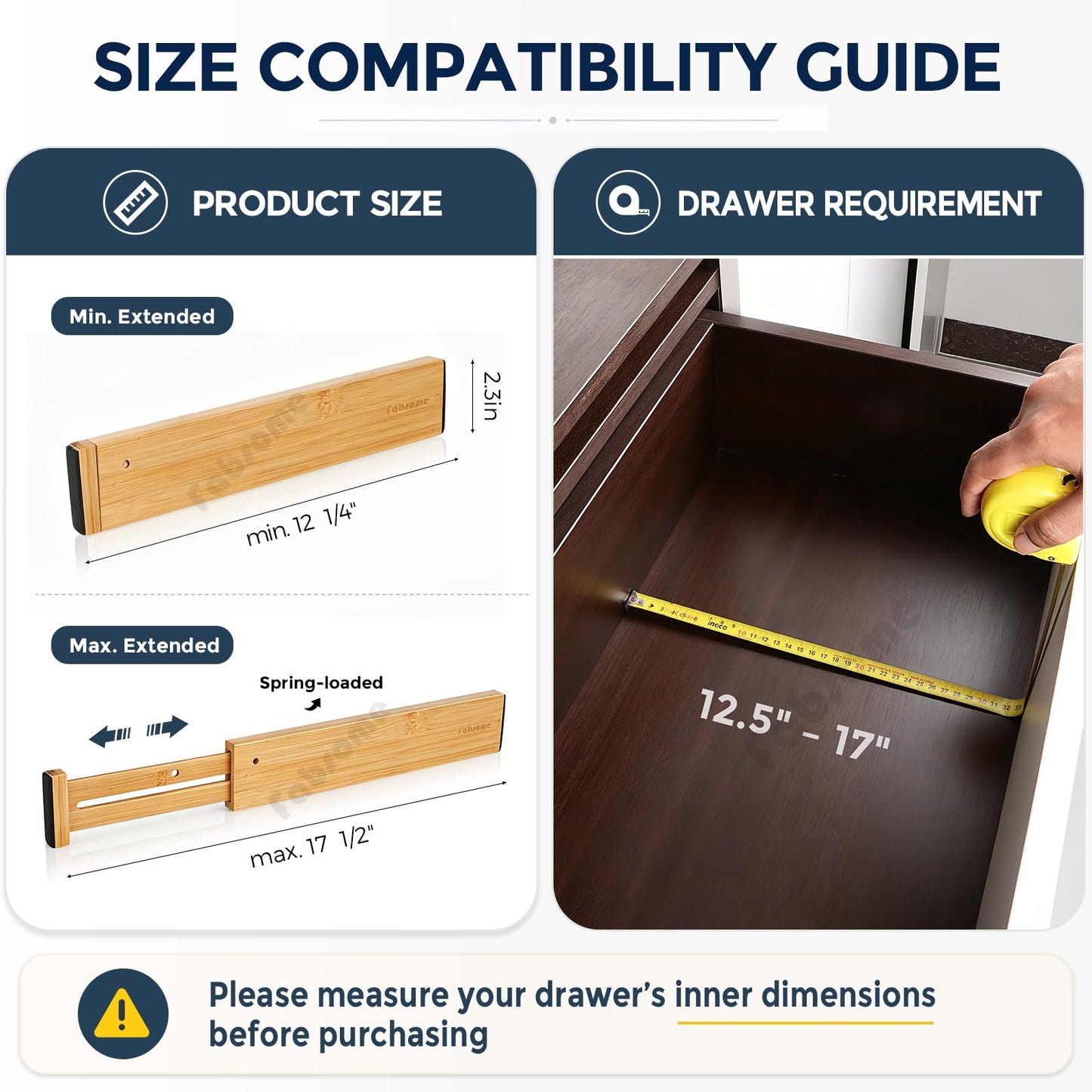 Fabsome Drawer Divider 6 Pack, Bamboo Dresser Organizers for Clothes Socks Underwear Baby Clothing, Wooden Separators for Nursery Organization Adjustable from 12.5'' to 17'' with Soft Foam Ends