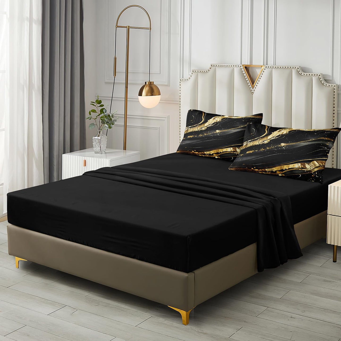 MOVE OVER 8 Pieces Black Gold Marble Bed in a Bag King Size Abstract Marble Textured Comforter Set with 1 Comforter 4 Pillowcases 1 Flat Sheet 1 Fitted Sheet 1 Cushion Cover