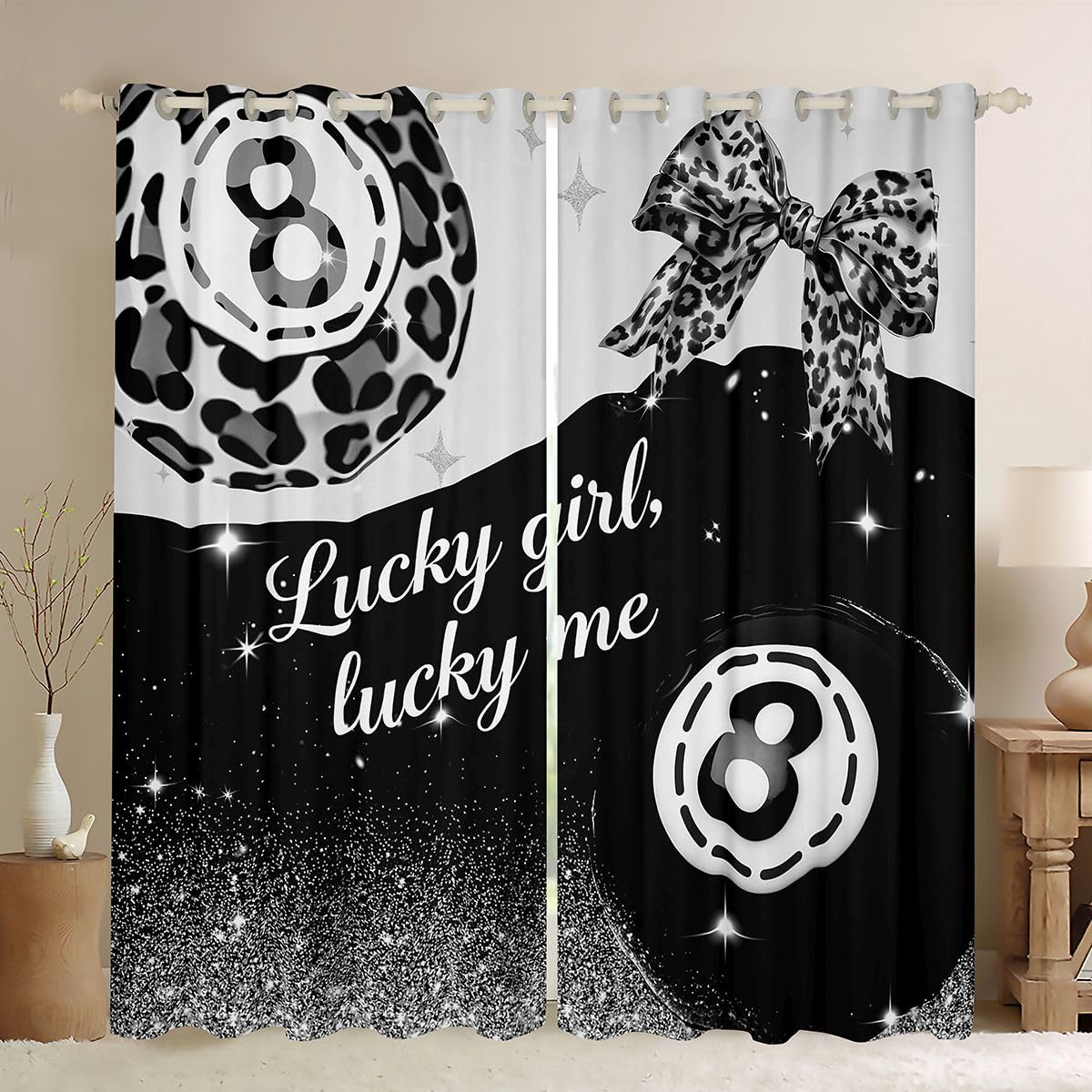 Erosebridal Black Grey Leopard Blackout Curtains for Bedroom Fashion Y2K Lucky 8 Ball Window Curtains 2 Panels 42" Wx63 L Cheetah Print Bow Drapes,Coquette Aesthetic Preppy Window Treatments