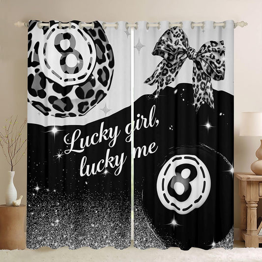 Erosebridal Black Grey Leopard Blackout Curtains for Bedroom Fashion Y2K Lucky 8 Ball Window Curtains 2 Panels 42" Wx63 L Cheetah Print Bow Drapes,Coquette Aesthetic Preppy Window Treatments