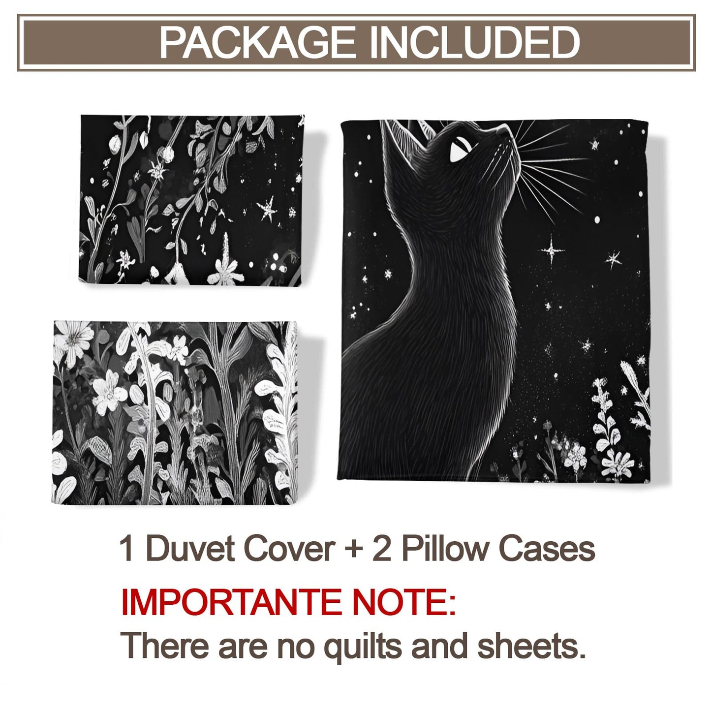 GKPLY Black Cat Moon Bedding Comforters, Monochrome Floral Duvet Cover, Starry Night Artwork Comforter Set Reversible Print, Magical Pets Bedding Duvet Cover & 2 Pillowcases, California King