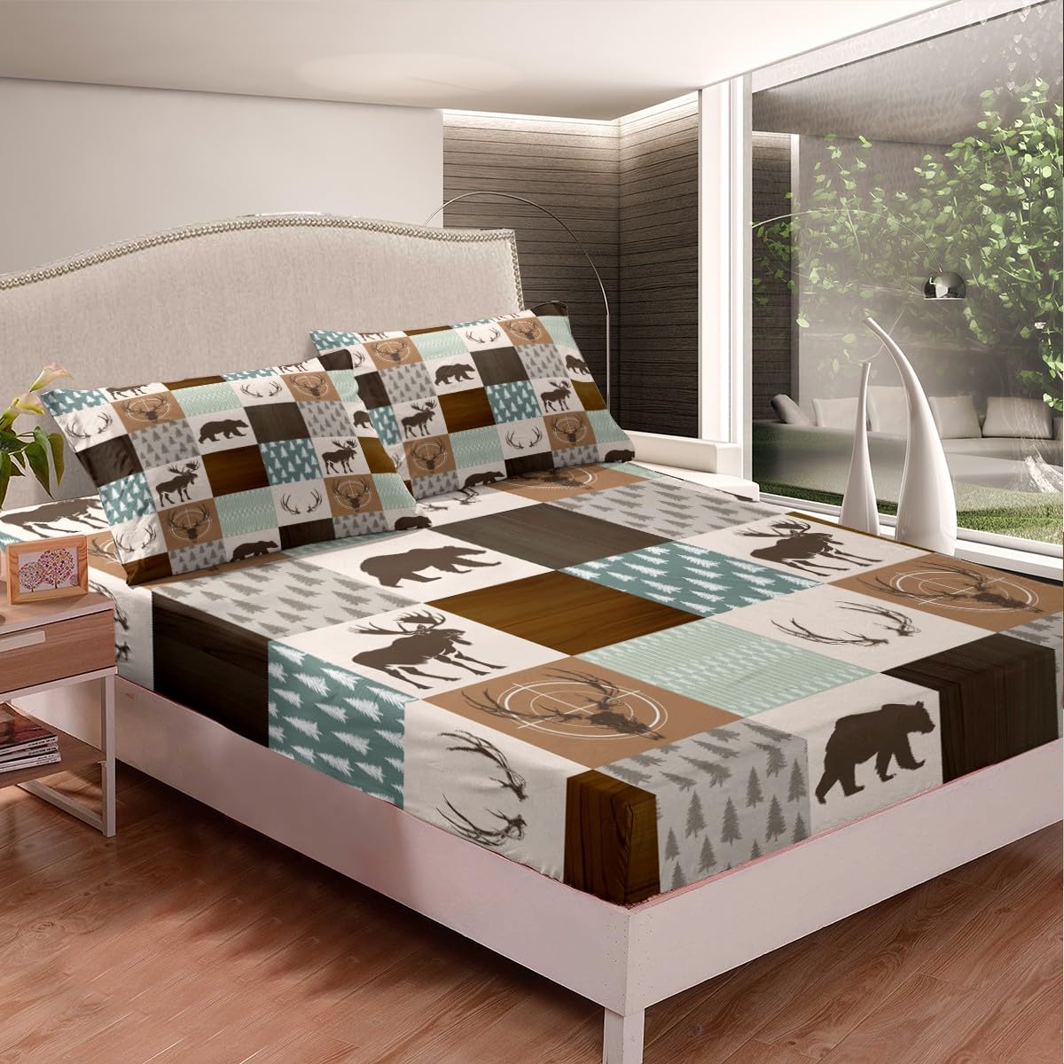 Castle Fairy Wild Animal Hunting Bed Sheet Set King Size,Rustic Bear Deer Antler Arrow Patchwork Fitted + 1 Flat 2 Pillowcases,Green Plaid Retro Country Board Breathable Mattress Cover, Bedroom Decor