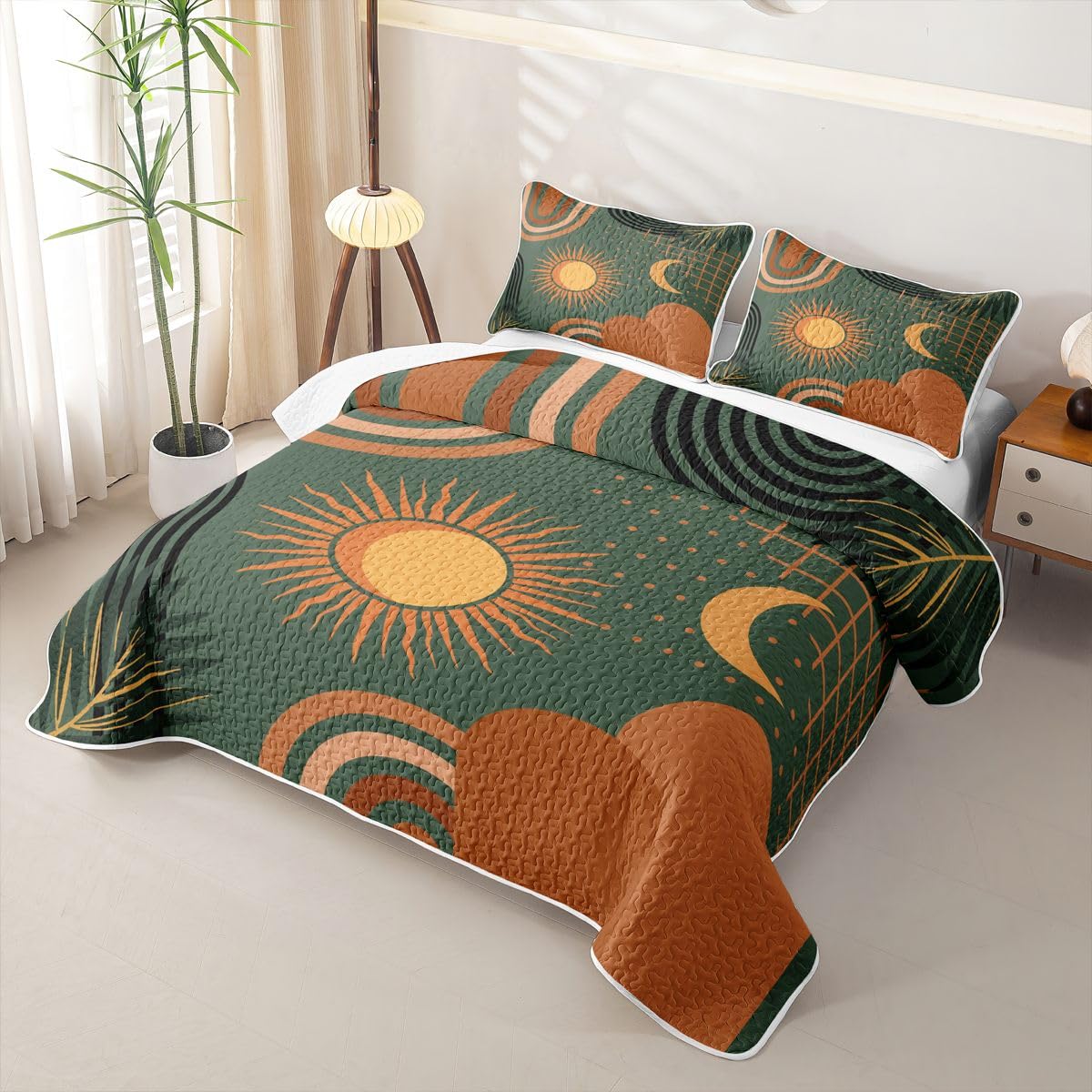 Erosebridal Boho Mid Century Quilted Bedspreadd Set Twin Sun Moon Coverlet Set Bohemian Abstract Geometric Bed Set Forest Green Bedding Set