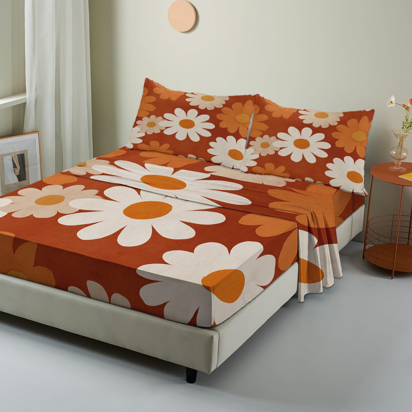 NOGAWA Retro Flower Sheets Full Size, Boho Floral Bed Sheets, 70s Bedding Sheets, Pillowcases 4 Piece Set, Microfiber Deep Pocket Fitted Sheet, Flat Sheet, 2 Pillow Cases