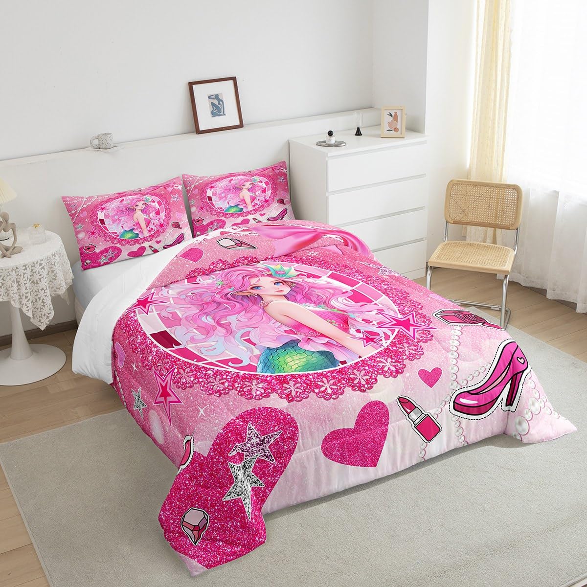 Mermaid Princess Kids Comforter Set Queen Size,High-Heeled Shoes Lip Bowknot Romantic Bedding Set,Girls Women Room Decor,Glitter Sequin Castle Down Comforter,Pink Dreamy Duvet Insert,2 Pillowcases