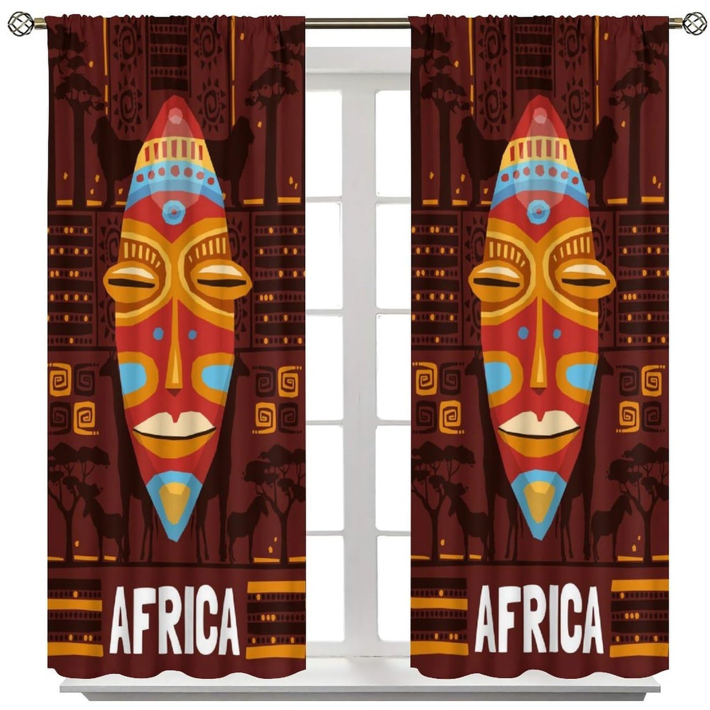 African Curtains for Kitchen Boho Retro Rural Tropical African Continent Primitive People Indigenous Cultural Totem Print Windows Treatments for Boys Girls Bedroom Living Room 42x44.5In（No Blackout）