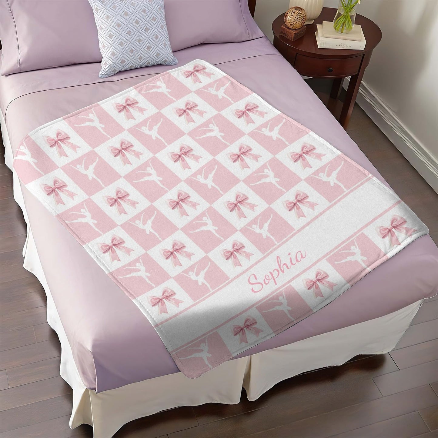 Customized Ballet Blanket with Pink Bow, Add Your Name Text Blankets Soft Warm Small Throw for Her Girls Girlfriend Wife Sister Mom