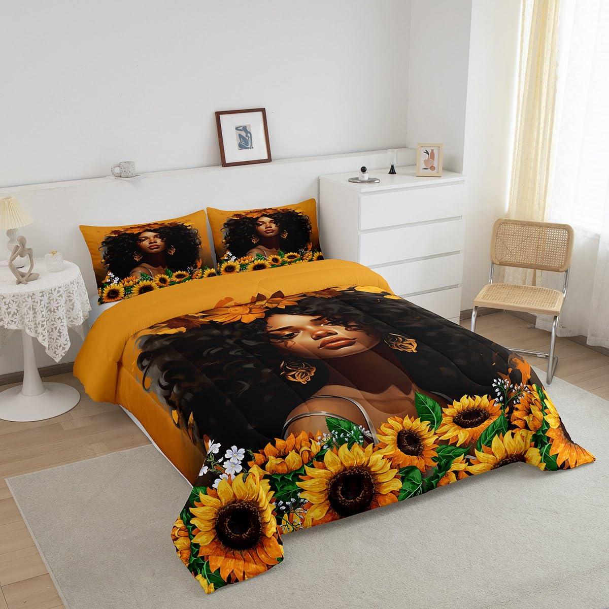 Homewish American African Comforter Set Queen Size,Lovely Black Woman Bedding Set for Kids Girls Teens Adult Room Decor,3D Sunflower Quilt Set 3Pcs Nature Romantic Beauty Duvet Insert,2 Pillowcases