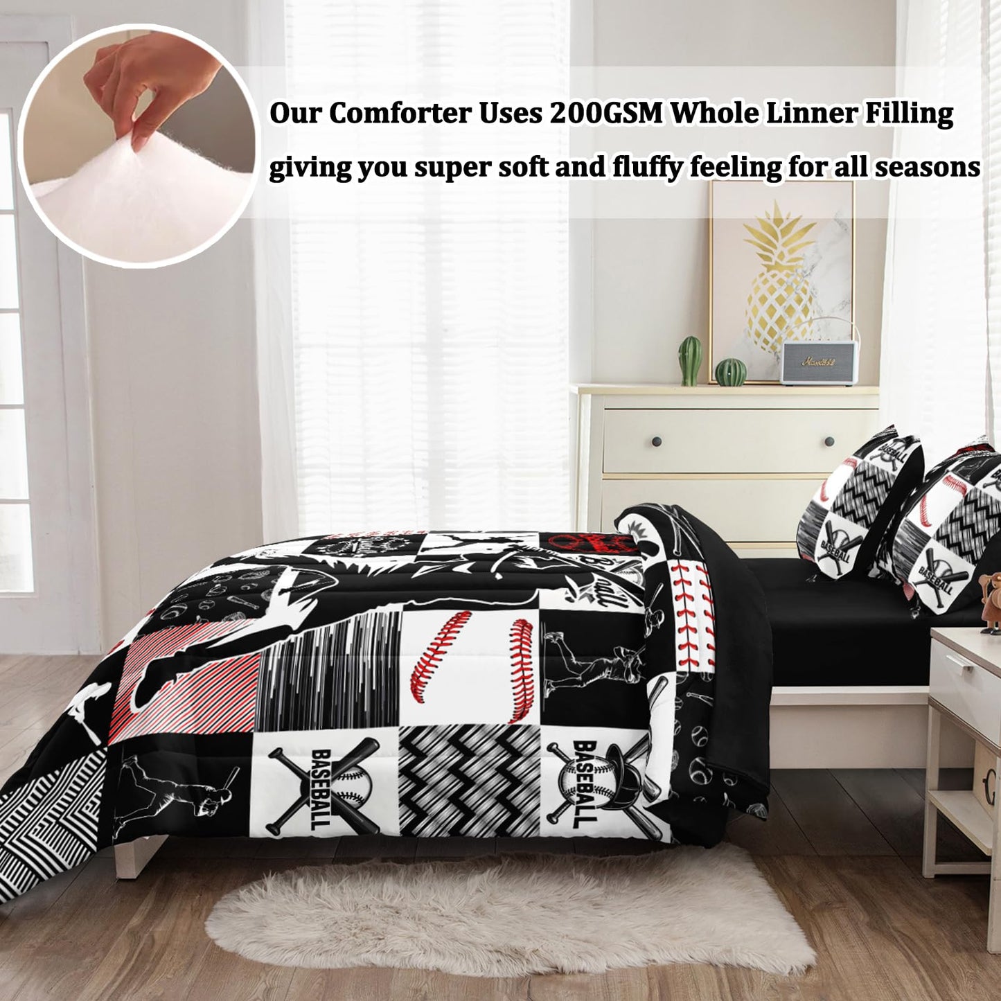 HICAND 5 Pcs Baseball Full Bedding Set for Boys Teens, Full Size Sports Cool Baseball Boys Comforter Set with Sheets