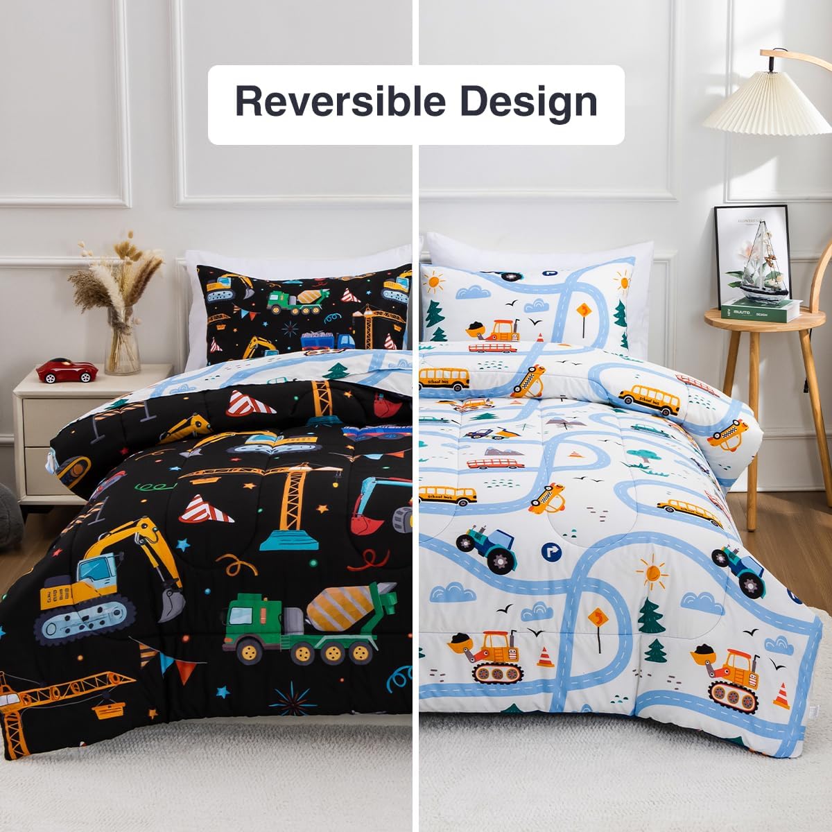 Holawakaka Trucks Tractors Cars Boy Bedding Comforter Set with Sheets, Twin Size Cartoon Construction Car Excavator Print Kids Bed in A Bag 5-Piece, Boys Reversible Dorm Bed Sets (Black Twin)
