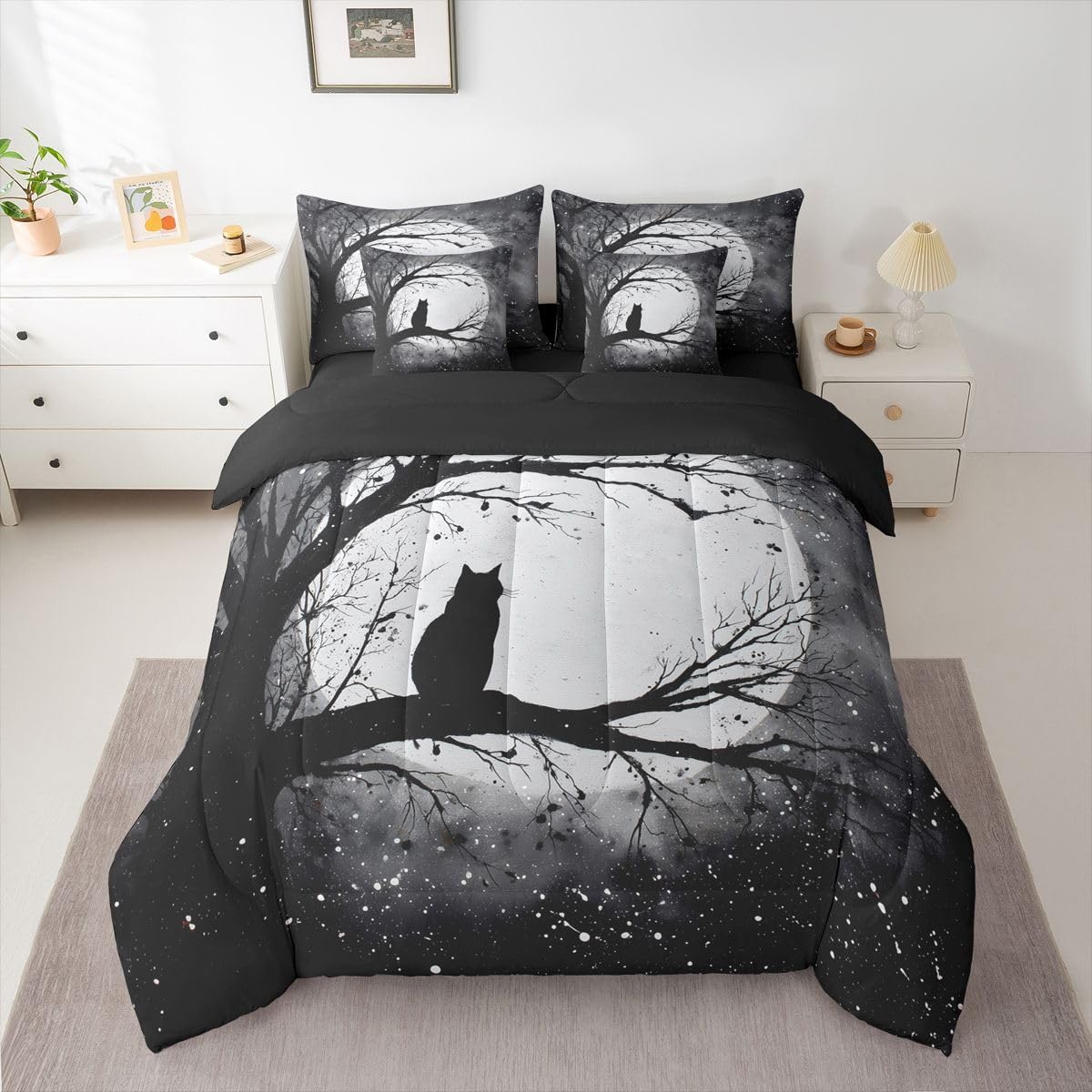 Erosebridal Halloween Black Cat 7-Piece Bedding Set Full Size Gothic Midnight Black Cat Bed in a Bag Midnight Full Moon Comforter Set with Sheets Tree Branches Duvet Insert
