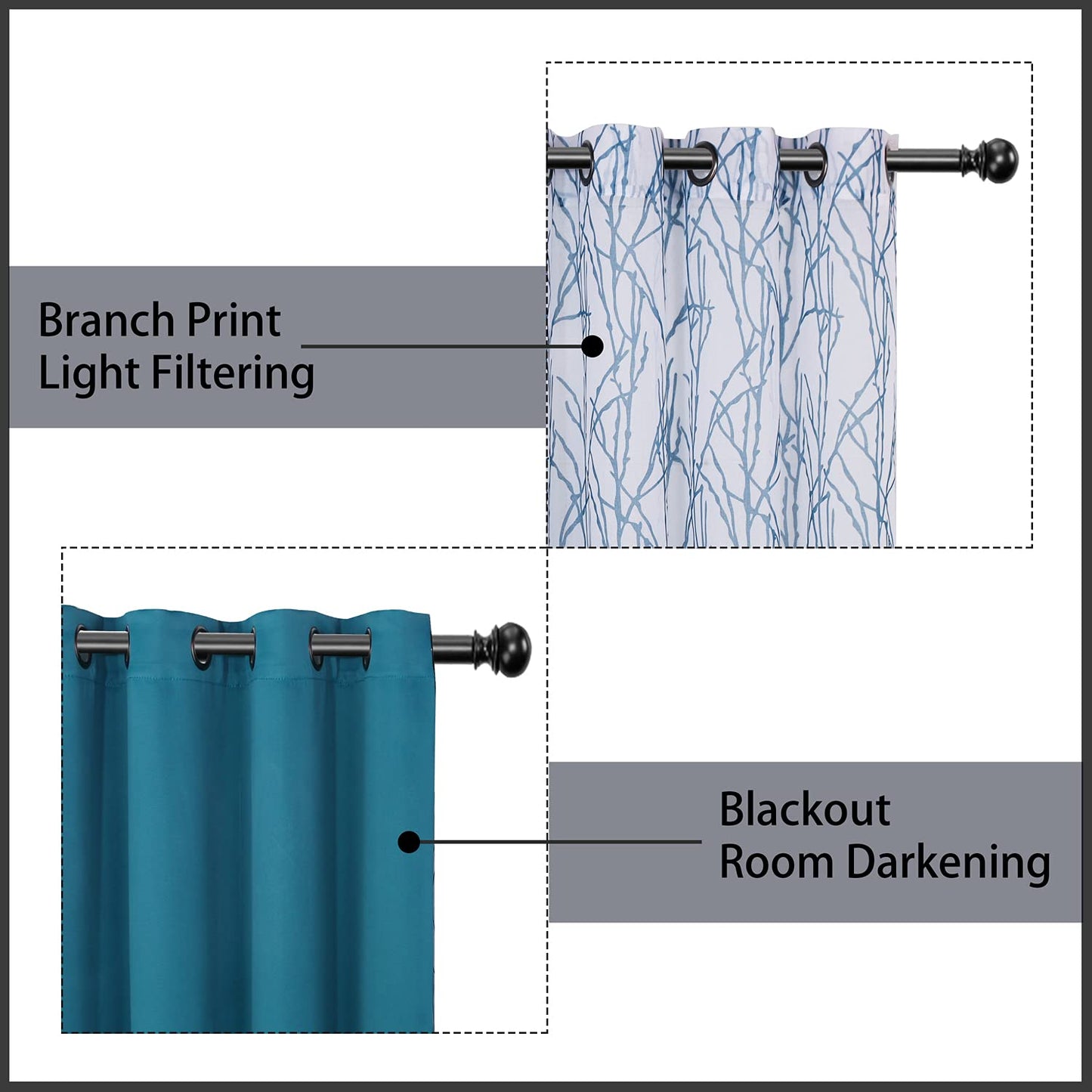 BONZER Mix and Match Curtains - 2 Pieces Branch Print Sheer Curtains and 2 Pieces Blackout Curtains for Bedroom Living Room Grommet Window Drapes, 54x95 Inch/Panel, Teal, Set of 4 Panels