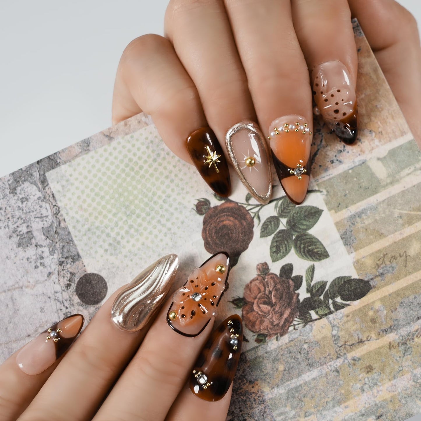 Tesytto Luxury Handmade Press on Nails - Gothic Gold Cross & 3D Floral Medium Almond, Vintage Pearl Rhinestone Glossy Salon Quality Nails (Orange Diamond Sweet Luxury,M)