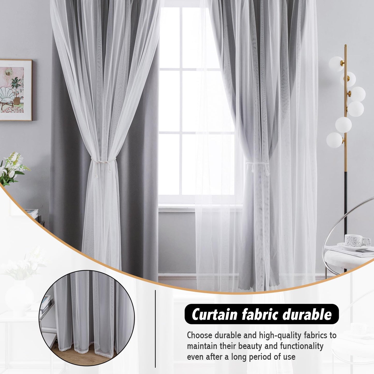 Anytime Home Curtains Blackout and Sheer Layered Solid Window Curtain Panel Pair with Grommet Top, 52Wx63L,Grey