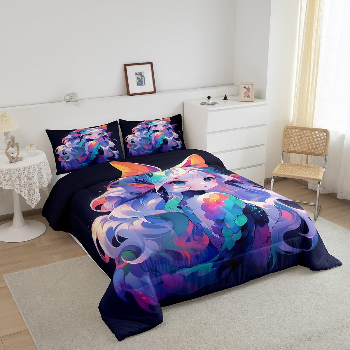 Erosebridal Anime Girl Bedding Comforters & Sets 3D Japanese Bedding Kawaii Girly Comforter Set, Anime Lovers Gifts Bedding Sets Warm Lightweight Duvet Set for All Season, Full 3Pcs