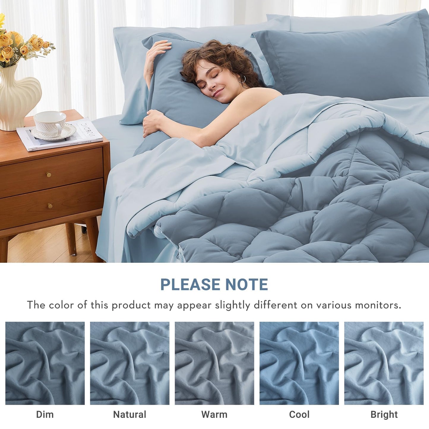 MUXHOMO 7 Pieces California King Comforter Set, Reversible Bed in a Bag Cal King Size, All Season Bedding Set with Comforter, Flat Sheet, Fitted Sheet, Pillowcases & Shams, Mineral Blue & Light Blue
