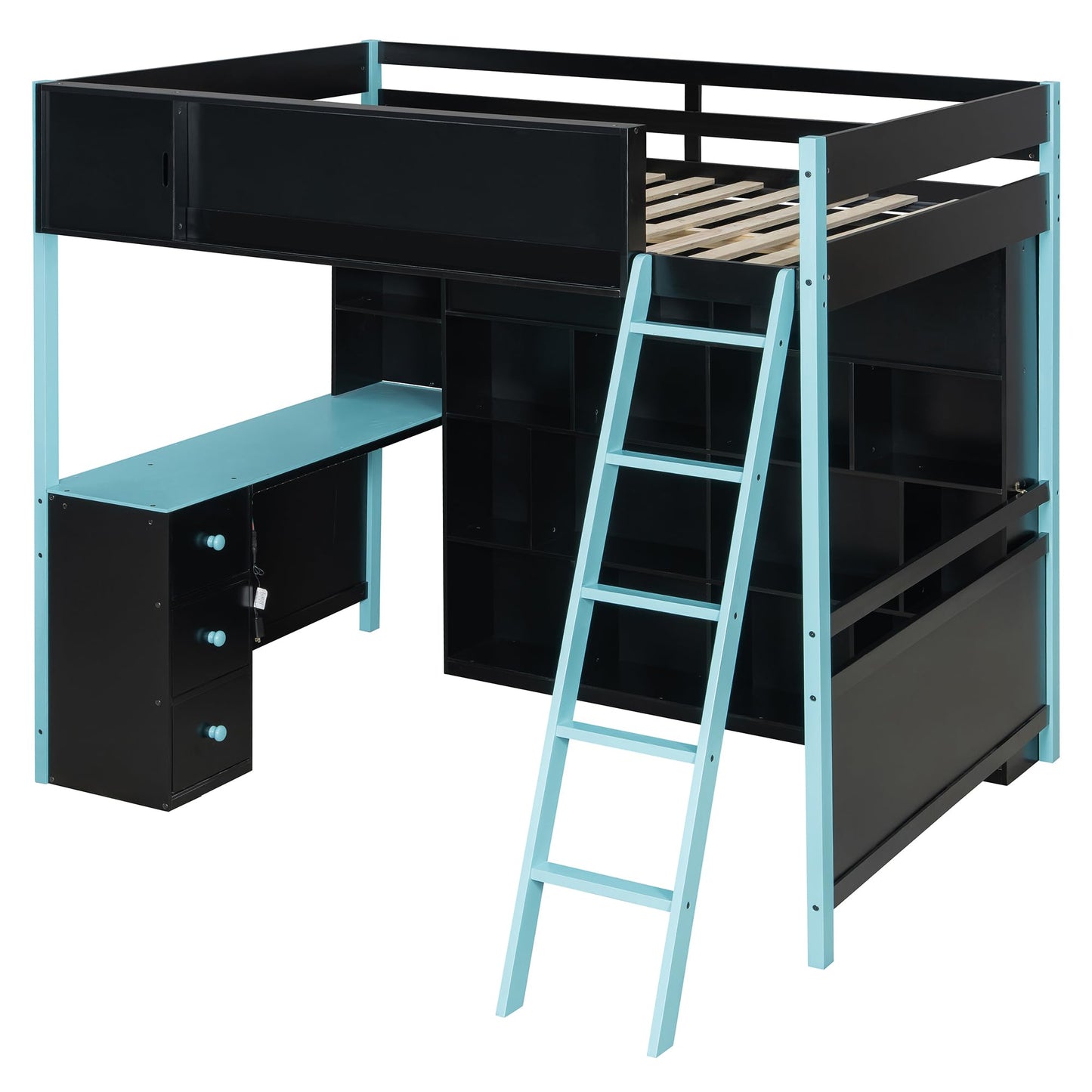 HRJHLucky Full Size Wood Gaming Loft Bed Frame with Desk, Ample Storage Space and Light for Bedroom (Blue)