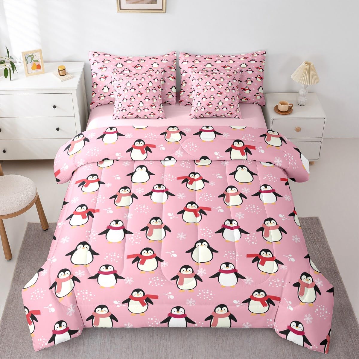 Erosebridal Cartoon Penguin Twin Size Comforter Set, Kawaii 7-Piece Bed in A Bag, Antarctic Animal Sheets and Pillowcases, Cute Winter Theme Bedding Set Room Decor