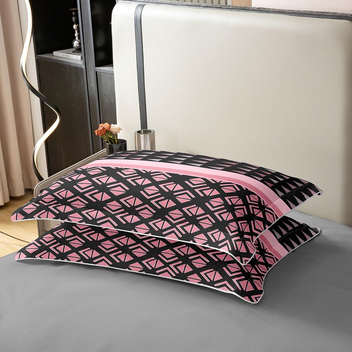 jejeloiu Comforter Cover Set Hexagonal Geometrical Bedding Set for Kids Boys Girls Triangle Duvet Cover 100% Cotton Pink Black Bedspread Cover Bedding（No Comforter） Queen