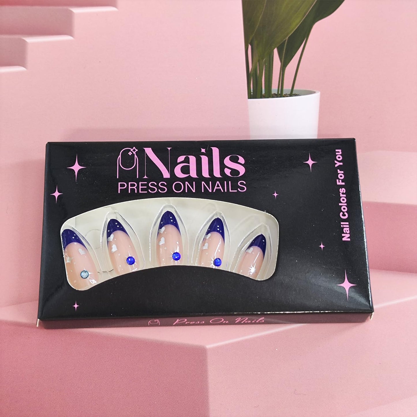 Medium Almond Press on Nails Blue French Tip Fake Nails with Star Rhinestone Designs Glossy Full Cover Stick on False Nail Set for Women 24 Pcs