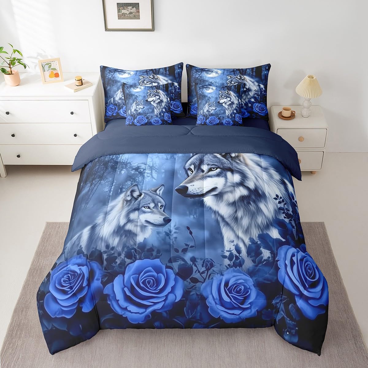 Erosebridal Wolf Couple Bedding Set Moon Blue Rose Flower Bed in A Bag with Sheets for Kids Adults Men Women,Woodland Animal Twin Comforter Set 7 Piece Tree Branches Wildlife Bed Set Bedroom Decor