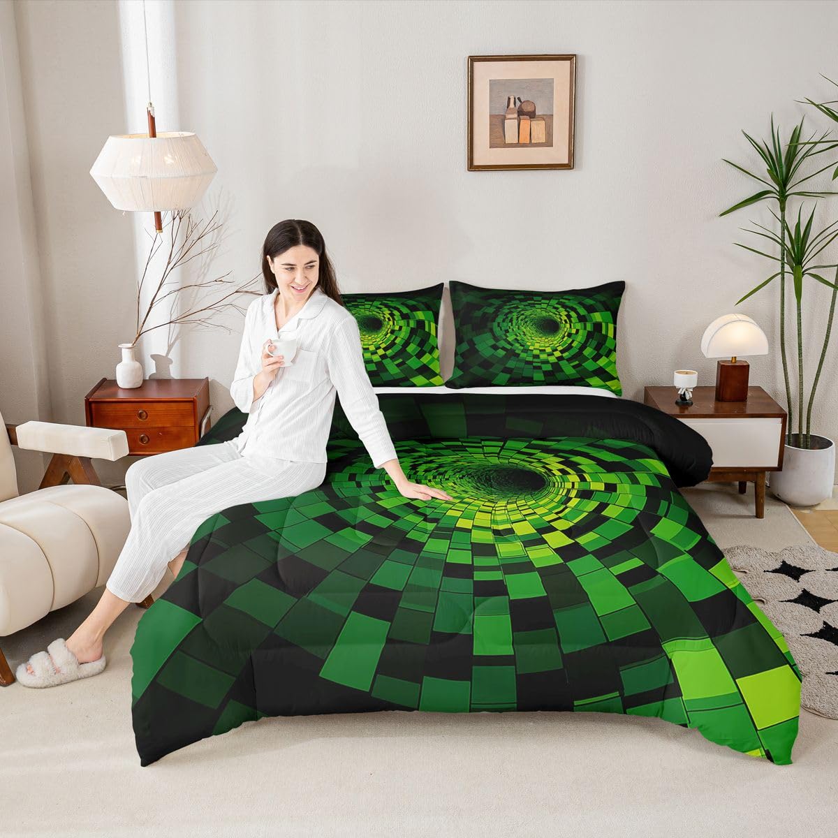 Erosebridal Geometric Bedding Set King Green Plaid Square Print Comforter Set for Kids Boys Girls Modern Grid Circle Swirl Down Comforter,Abstract Modern Quilt Duvet