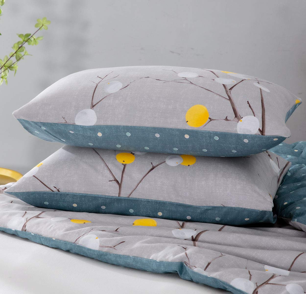 SLEEPBELLA Comforter King Size, 600 Thread Count Cotton Grey Branch with Yellow Turquoise Polka Dot Pattern Green Reversible Comforter Set,Down Alternative Bedding Set 3Pcs(King, Grey Branch)