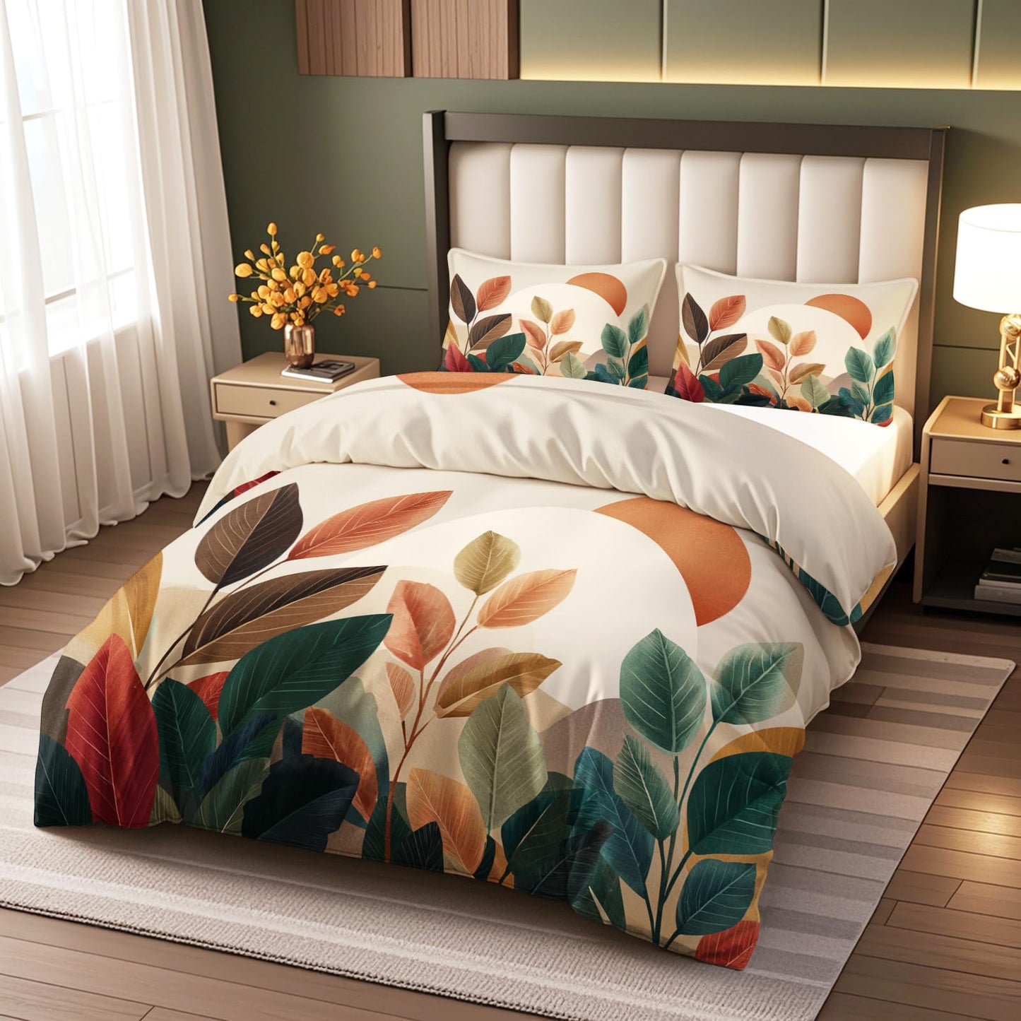 Boho Duvet Cover Set 3 Pieces California King, Mid Century Modern Abstract Botanical Sun and Leaves Bedding Set, Soft Microfiber Comforter Cover with 2 Pillow Shams