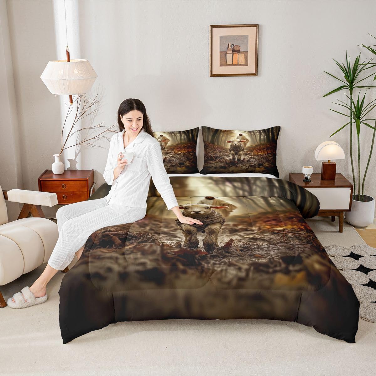Manfei Western Kids Comforter Set Twin Size,God Running After Lost Lamb Bedding Set Boys Girls Room Decor,Spiritual Bible Verse Quilt Comforter,Brown Duvet Set Bedroom Quilt Set,1 Pillowcase